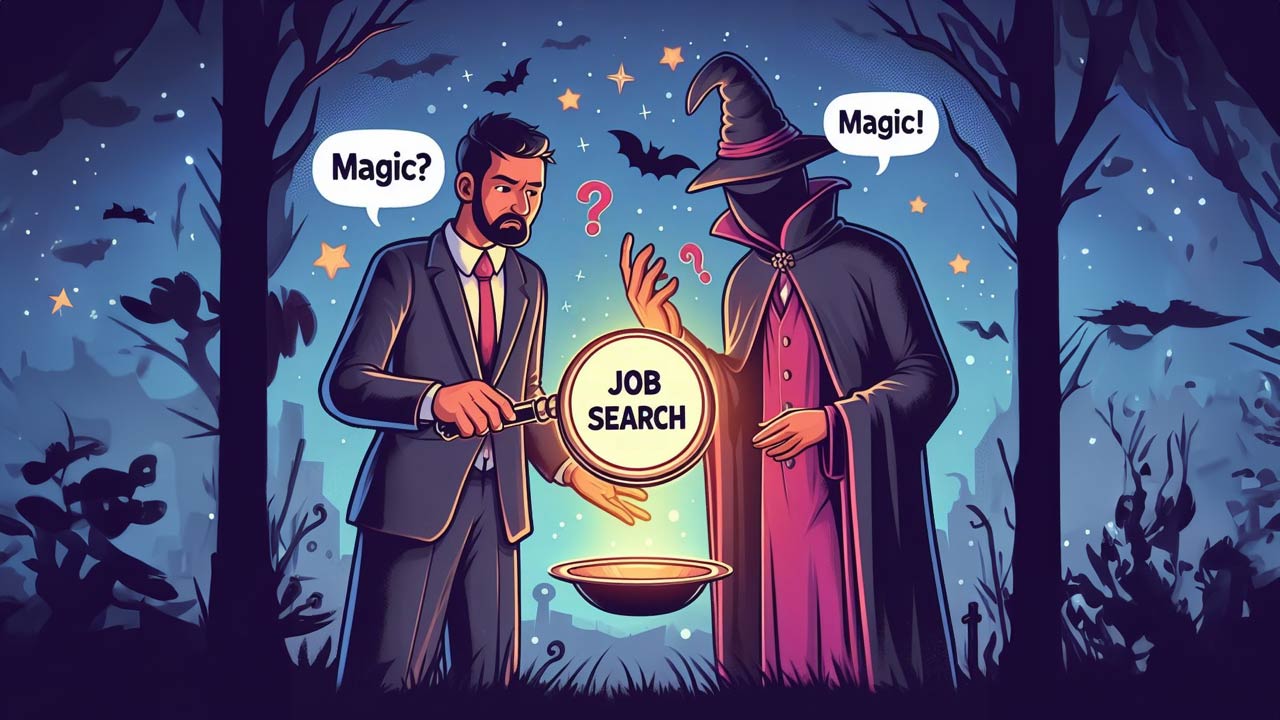 A job seeker and wizard searching for work, aided by magic to shed light on their quest.