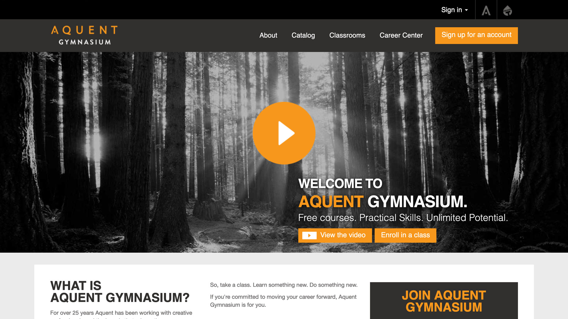 Gymnasium homepage circa 2013 with updated Aquent orange color theme.